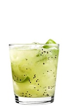 The 42 Below Kiwi Caipiroska drink recipe is a Brazilian and New Zealand inspired cocktail recipe made from 42 Below Kiwi vodka, simple syrup, kiwi and lime, and served over ice in a rocks glass.