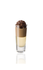The African Delight is a brown and cream colored shot made from Amarula cream liqueur and Frangelico hazelnut liqueur, and served layered in a chilled shot glass.
