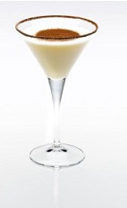 The Almond Joy is a cream colored cocktail made from Disaronno, white chocolate liqueur and cream, and served in a cocoa-rimmed cocktail glass.