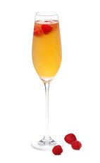 The Amore Frizzante, or more simply Sparkling Love, is an orange colored cocktail recipe destined to become a signature wedding drink. made from Gran Gala Triple orange liqueur, vodka, peach juice, prosecco and raspberries, and served in a chilled champagne flute.