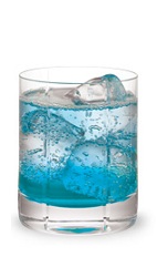 The Berry Fizz is a vibrant blue drink made from Pucker Berry Fusion schnapps, vodka and club soda, and served over ice in a rocks glass.