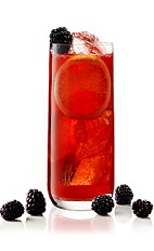 The Blackberryade Gin is a red cocktail made from gin, lemon juice, simple syrup, club soda and blackberries, and served over ice in a highball glass.