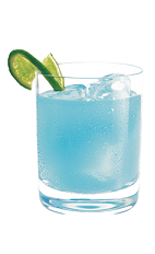 The Blue Bullet is a blue drink made from Hpnotiq liqueur, tequila and club soda, and served over ice in a rocks glass.