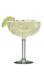 The Blue Moon Margarita cocktail recipe is made from Lunazul reposado tequila, lime juice and Cointreau, and served in a chilled salt-rimmed margarita glass full of crushed ice.