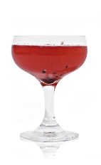 The Bramblin Rose is a red cocktail made from Patron tequila, rose bud tea, blackberries, lemon juice, honey and champagne, and served in a chilled cocktail glass.