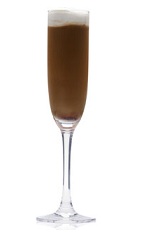 The Cafe Affair is a brown cocktail made from Patron tequila, Patron coffee liqueur, amaretto liqueur, chocolate liqueur, half and half, and whipped cream, and served in a chilled champagne flute.