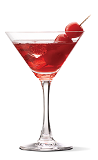 The Cherry Cheesecake cocktail recipe is a red colored dessert drink made from UV vanilla vodka, cranberry juice and grenadine, and served in a chilled cocktail glass.