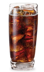 The Cherry Cola is a brown drink made from Pucker cherry schnapps and cola, and served over ice in a highball glass.