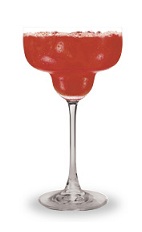 The Cherry Margarita is a red colored drink made from Pucker cherry schnapps, tequila and lime juice, and served in a chilled margarita glass.