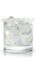 The Coconut Cove is a chilling clear colored cocktail made from New Amsterdam coconut vodka, coconut water, lychee juice, coconut cream and coconut flakes, and served over ice in a rocks glass.