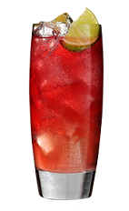 The CranSoCo is a red colored drink made from Southern Comfort and cranberry juice, and served over ice in a highball glass.