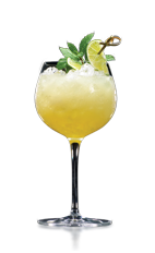 The Daisy de Santiago cocktail is made from Don Q rum, yellow Chartreuse, lime juice, simple syrup, club soda, mint and lime, and served over ice in a wine glass.