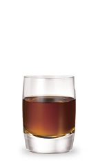 The Dark Red Bliss is a brown shot made from DeKuyper creme de cacao, vanilla liqueur and Jim Beam Red Stag bourbon, and served in a chilled shot glass.