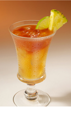The Easy Beach Sling is a relaxing tropical drink recipe, perfect for a lazy summer afternoon. An orange colored drink made from Clamato tomato cocktail, gin, triple sec, pineapple juice and lime, and served over ice in a sling glass.