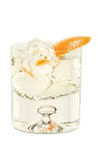 The Elderfashion is a clear colored drink made from gin, St-Germain elderflower liqueur and orange bitters, and served over ice in a rocks glass.