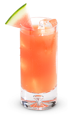 The Electrolyte is a refreshing pink summer drink made from New Amsterdam gin, watermelon, pineapple juice, lemon juice and sugar, and served over ice in a highball glass.