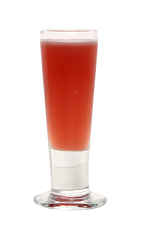 The Floating Cherry Bomb is a red colored shot made from Smirnoff root beer vodka, sour cherry syrup and lime juice, and served in a chilled shot glass.