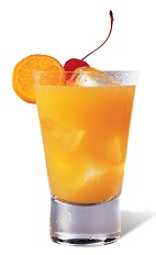 The Golden Coa is a relaxing orange colored drink made from silver tequila, Chambord raspberry liqueur, orange juice, pineapple juice and Sprite, and served over ice in a rocks glass.