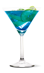 The Great Raspberry Flute is a blue colored cocktail recipe made from UV Blue raspberry vodka, triple sec and lime juice, and served in a chilled cocktail glass.