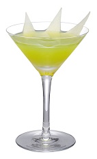 The Green Eyed Tiger cocktail is made from Midori melon liqueur, tequila, ginger, orange juice and lime juice, and served in a chilled cocktail glass.
