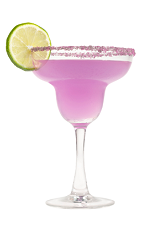 The Harmonie Margarita is a purple cocktail made from Hpnotiq Harmonie, silver tequila, triple sec and lime juice, and served in a sugar-rimmed margarita glass.