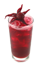 The Hibiscus Fresca is a red drink made from Smirnoff vodka, Grand Marnier orange liqueur, hibiscus tea, honey, lime and raspberry, and served over ice in a highball glass.