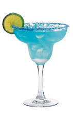 The Hpno-Rita is a blue colored margarita made from Hpnoqit liqueur, tequila and lime juice, and served in a sugar-rimmed margarita glass.