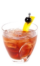 The Lady Whisperer drink recipe is made from dark rum, rye whiskey, apricot brandy, bitters and Luxardo cherry liqueur, and served over ice in a rocks glass garnished with a maraschino cherry and a lemon peel.