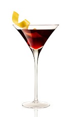The Lapsang Martinez is a red cocktail made from Beefeater gin, Lillet Rouge, Lapsang Souchong tea and simple syrup, and served in a chilled cocktail glass.
