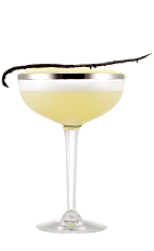 The Livorno Sour cocktail is made from Galliano Vanilla liqueur, grappa, lemon juice, simple syrup and egg white if you date, and served in a chilled cocktail glass garnished with a vanilla bean.