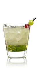 The Lucid Cooler drink recipe is made from Lucid absinthe, St-Germain elderflower liqueur, simple syrup, lime juice, ginger ale, basil and grapes, and served over crushed ice in a rocks glass.