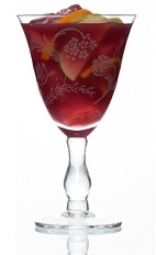 The Manzangria is a festive red colored cocktail made from Caorunn gin, red wine, orange juice and tonic water, and served over ice in a wine glass.