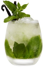 The Mi Piace Tanto drink is made from Galliano Vanilla liqueur, gin, lemon juice, mint leaves and simple syrup, and served over crushed ice in a rocks glass.