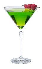 The Midori Cosmopolitan cocktail is made from Midori melon liqueur, citrus vodka, cranberry juice and lemon juice, and served in a chilled cocktail glass.