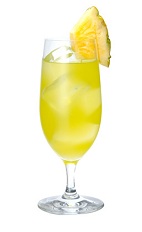 The Midori June Bug cocktail is made from Midori melon liqueur, Malibu coconut rum, banana liqueur, pineapple juice and lemon juice, and served in a parfait or other tall stemmed glass.