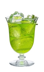 The Midori Lagoon cocktail is made from Midori melon liqueur, vodka and club soda, and served in a parfait or other large stemmed glass.