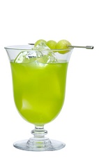 The Midori Melonball drink is made from Midori melon liqueur, vodka and orange juice, and served in a parfait or other stemmed glass.