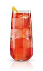 The New Peach Fizz is a red colored drink made from New Amsterdam peach vodka, pineapple juice, pomegranate juice and club soda, and served over ice in a highball glass.