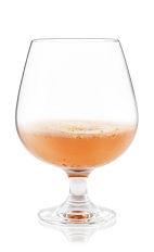 The November Rain is an orange cocktail made from Patron tequila, rose nectar, simple syrup, lime juice and bitters, and served in a brandy snifter.