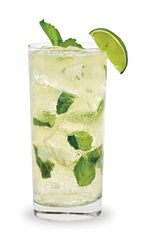 The Peach Mojito is a clear colored drink made from DeKuyper Peachtree schnapps, white rum, simple syrup, mint, lime juice and club soda, and served over ice in a highball glass.