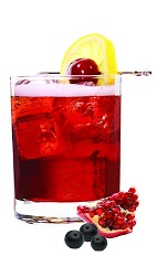 The Pom-Acai Punch is a red colored drink recipe made from VeeV acai spirit, spiced rum, pomegranate juice, simple syrup, bitters, lemon and cherry, and served over ice in a rocks glass.