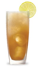 The Red Melon Apple Punch is an orange drink made from Pucker watermelon, Jim Beam Red Stag bourbon, pineapple juice, lemonade and club soda, and served over ice in a highball glass.