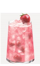 The Vodka Fraise cocktail recipe is a pink colored drink made from Burnett's rum, vodka, strawberry liqueur, lime juice, grenadine and club soda, and served over ice in a highball glass.