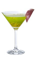 The Shogun Assassin cocktail is made from Midori melon liqueur, sake, green chartreuse, lemon juice and passionfruit, and served in a chilled cocktail glass.