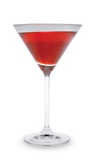 The Sparkling Promenade is a red cocktail made from pomegranate schnapps, lemonade and champagne, and served in a chilled cocktail glass.
