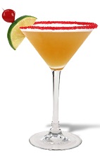 The Spicy Mango Margarita is an exciting orange cocktail made from tequila, mango nectar, sour mix, Tabasco and Sprite, and served in a salt-rimmed cocktail glass.