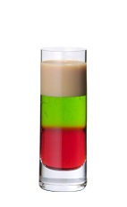 The Squashed Frog is a multi-colored layered shot made from Midori melon liqueur, advocaat and grenadine, and served in a chilled shot glass.