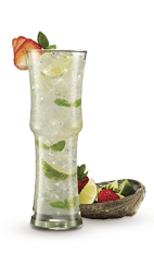 The Strawberry Basil Smash drink recipe is made from Cruzan Strawberry rum, lime, simple syrup, basil and club soda, and served over ice in a highball glass.