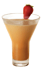 The Strawberry Carolans Fredo is a brown cocktail made from Carolans Irish cream, strawberry schnapps, espresso and milk, and served with a strawberry in a chilled cocktail glass.