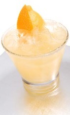 The Sunset Margarita drink recipe is made from Leblon cachaca, Cointreau, sweet and sour mix and orange juice, and served over ice in a salt-rimmed rocks glass.